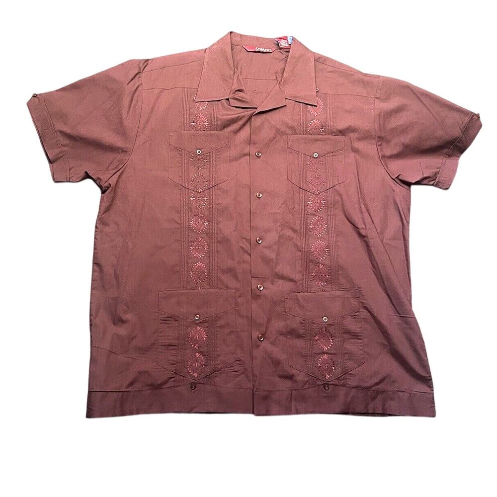 Sobrino Red Shirt XL Button Up Short Sleeve Dress Poly Cotton Four Pocket Cuban